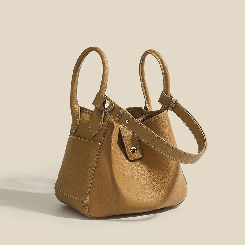 Real Leather Female Purse Individual Style Niche Design Basket Shaped Pure Hue Soft Leather Bucket Carryall