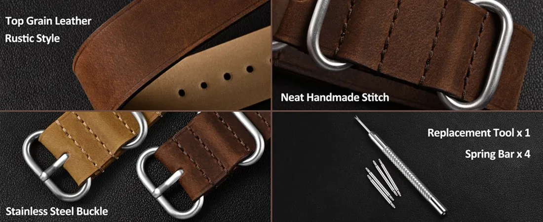 WOCCI Vintage-Leder-Uhrenarmband, einteiliges Armband für Herren, genarbtes Leder, gebürstete Hardware, Bandbreite 18 mm, 20 mm, 22 mm – Detail 5