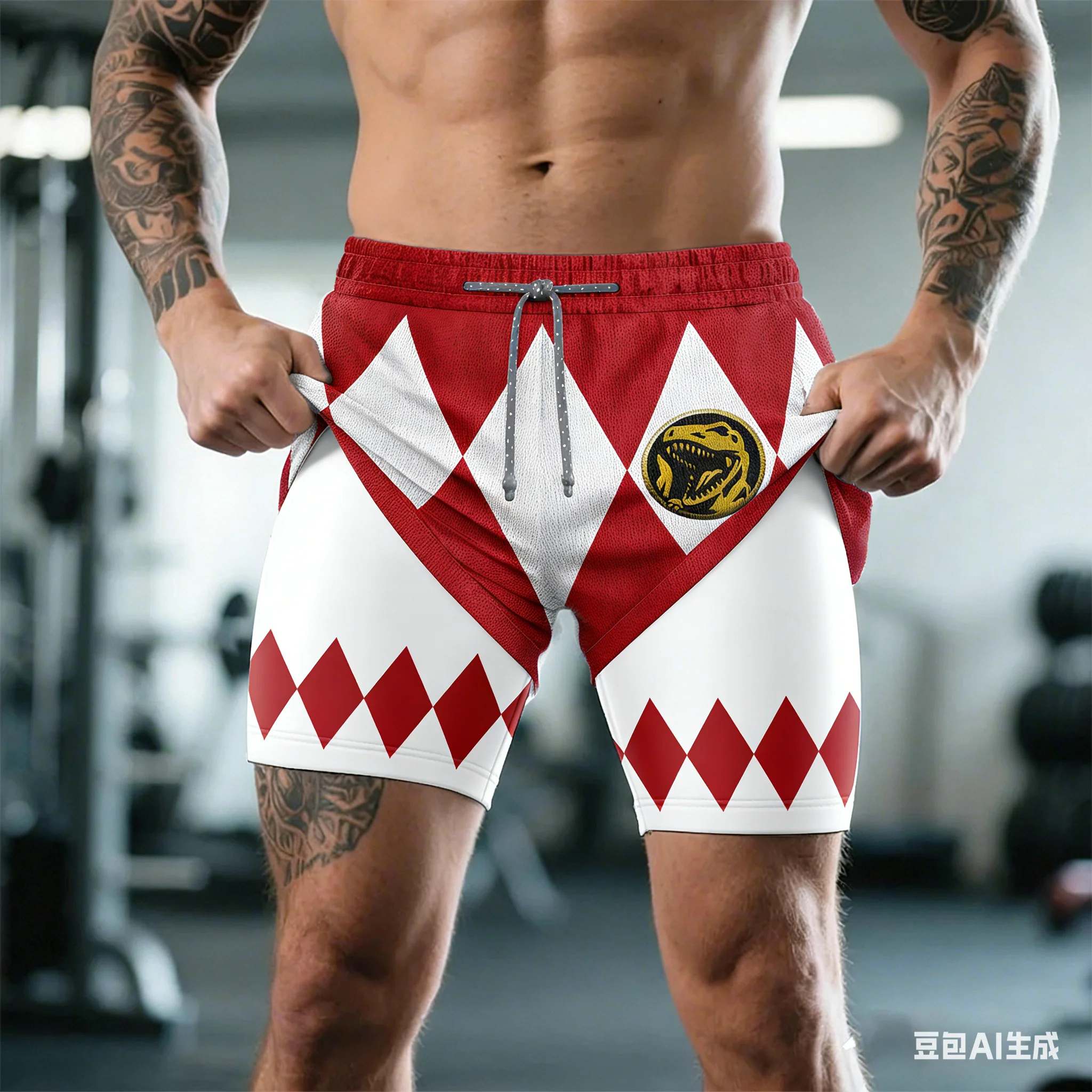 Bandai Periphery Power Rangers Herren-Shorts mit doppelter Schicht, 2-in-1-Performance-Gym-Shorts, Sommer-Shorts, schnell trocknend, bequem, leicht, Strandshorts