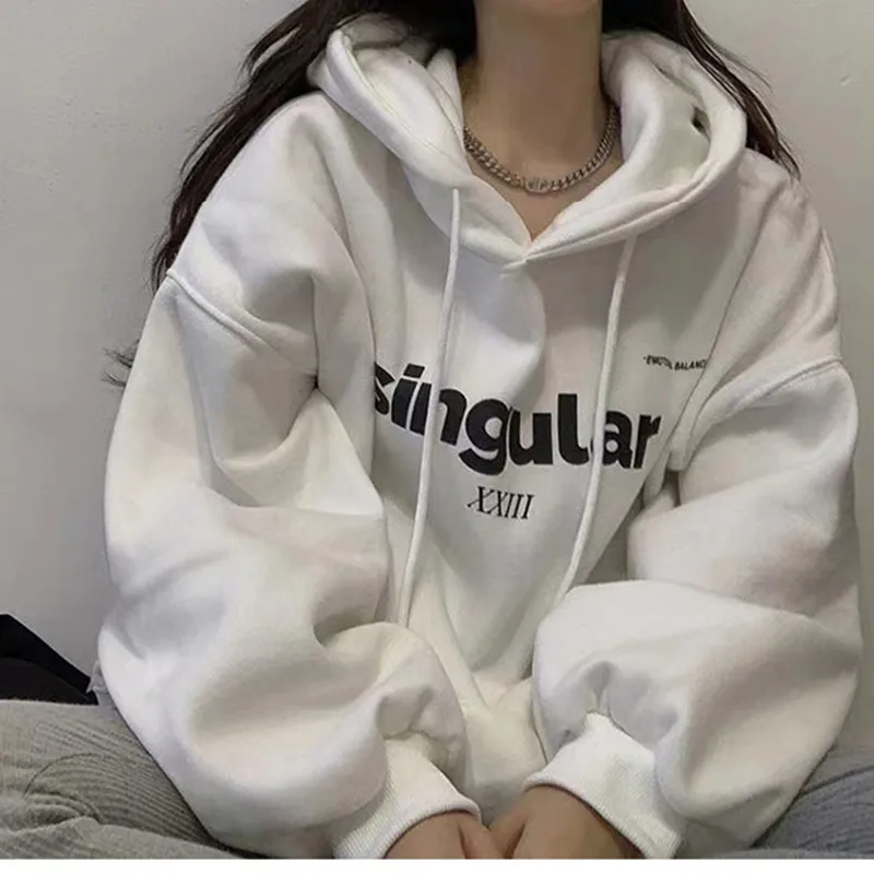 

Korean-style Hoodies Women Goth Sweatshirt Fleece-lined Thickened Hooded Sweat Loose Letter Top Women's Streetwear Y2k Clothes