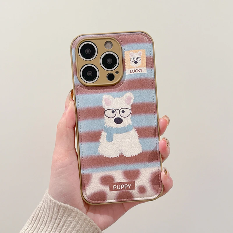 Fashion White Embroidered Dog Puppy Bracket Phone Case For iPhone 16 Pro Max 15 13 14 Leather Drum Bag Cover With Holder