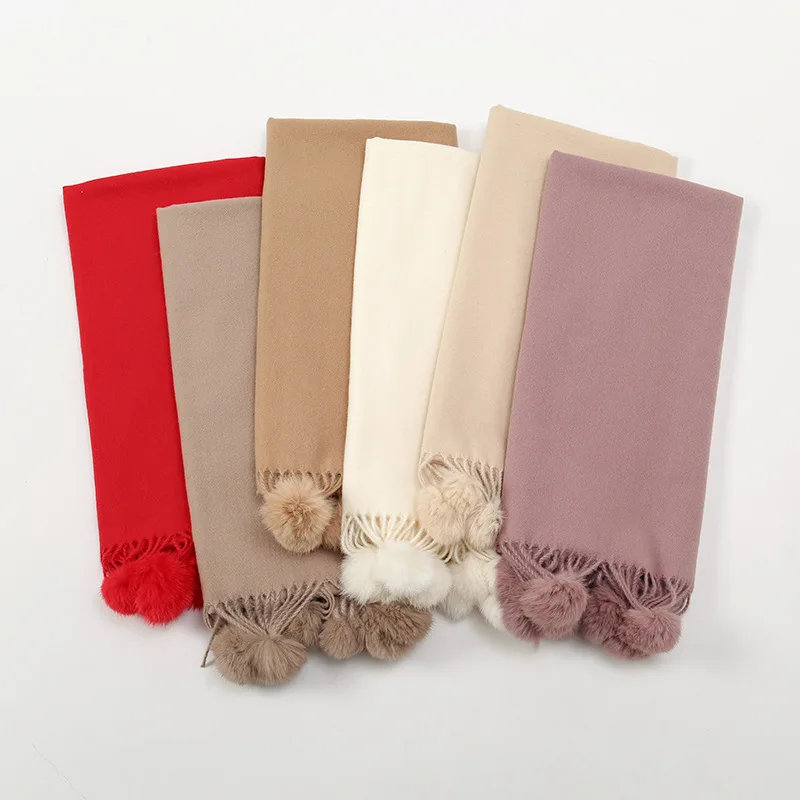 

190*70cm Solid Color New Autumn Winter Lady Thick Cashmere Scarf Pom Shawl Wrap Pashmina Women Wool Tassel Hijab Scarf Muffler