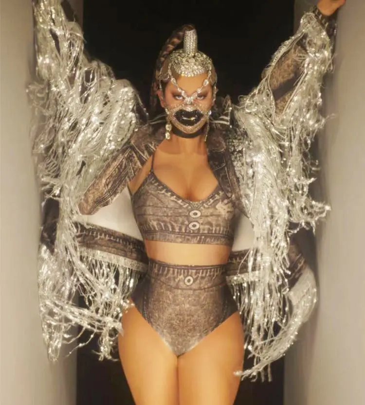

New Stylish Tassel Women Suit Silver Long Sleeves Party Club Bar Celebration Wear Dance Drag Queen Performance Stage Costume