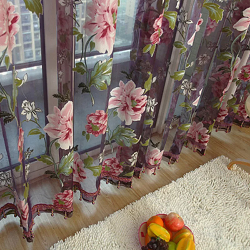 Purple Peony Floral Tulle Sheer Curtains For Living Room Bedroom Kitchen Shade Window Treatment Curtain Blinds Panel window curtains decor curtains light filtering curtains
