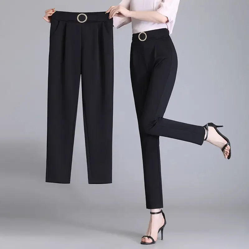 thumbnail image 1 of Pantalones rectos de cintura alta para mujer, con bolsillos, elásticos, de color liso, informales, para primavera y otoño, 1 of 5
