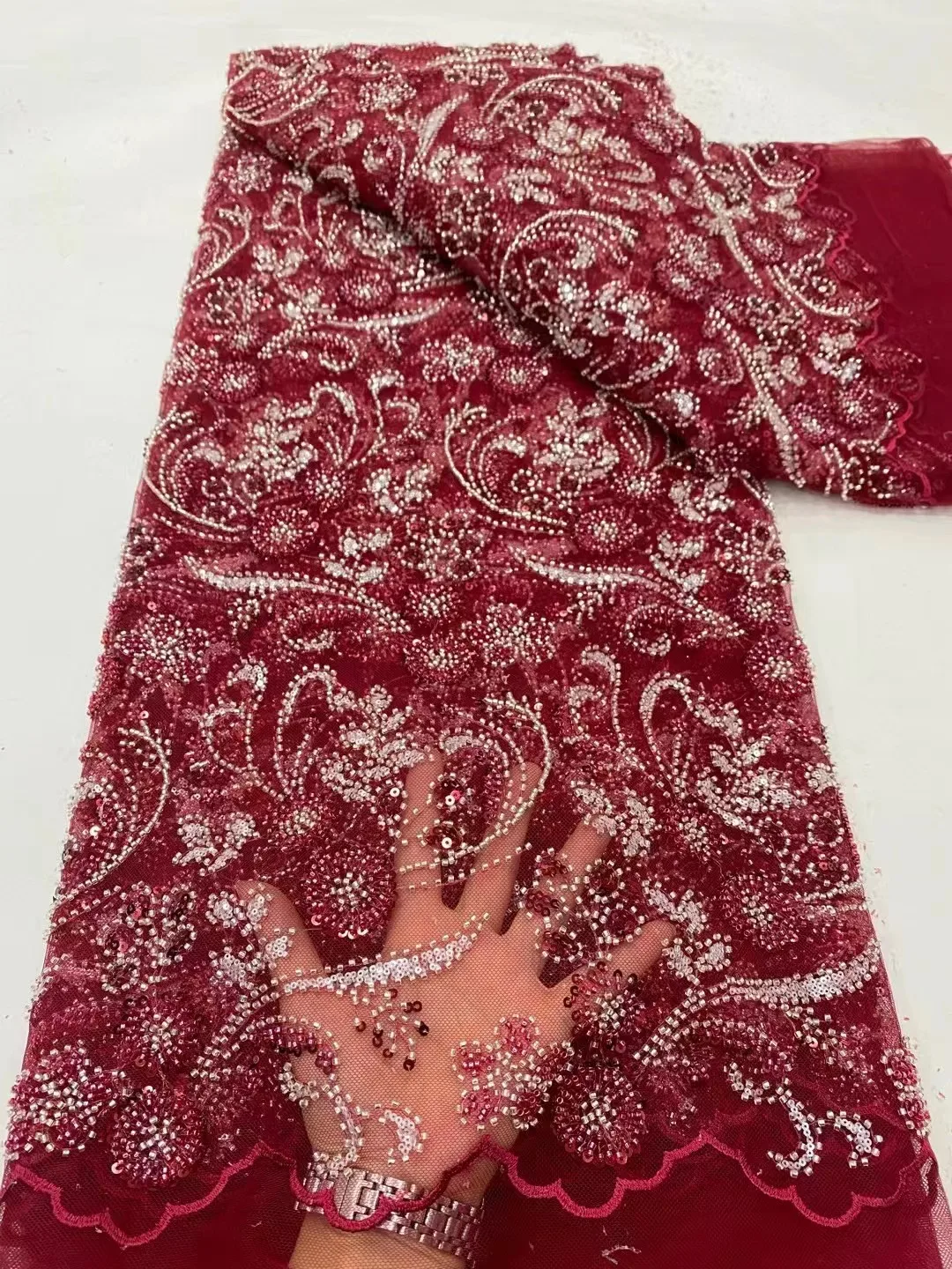 

WINE Luxurious High -End French Beaded Lace Fabric 2023 Latest African Sequins Lace Fabric For Wedding Dress Sewing