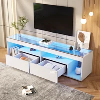 Светодиодный глянцевый шкаф для телевизора, подходит для большого телевизора до 70-дюймового диапазона, черный шкаф для телевизора в гостиной с 2 ящиками для гостиной — изображение 4