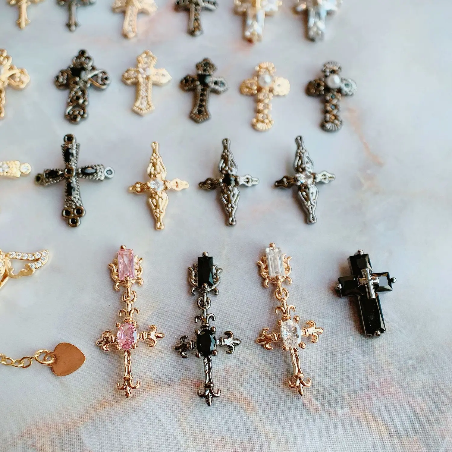 10pcs/lot Dark Black Cross Crucifix Heart Nail Art Parts Zircon Crystal Manicure Nails Accesorios Supplies Decorations Charms 3