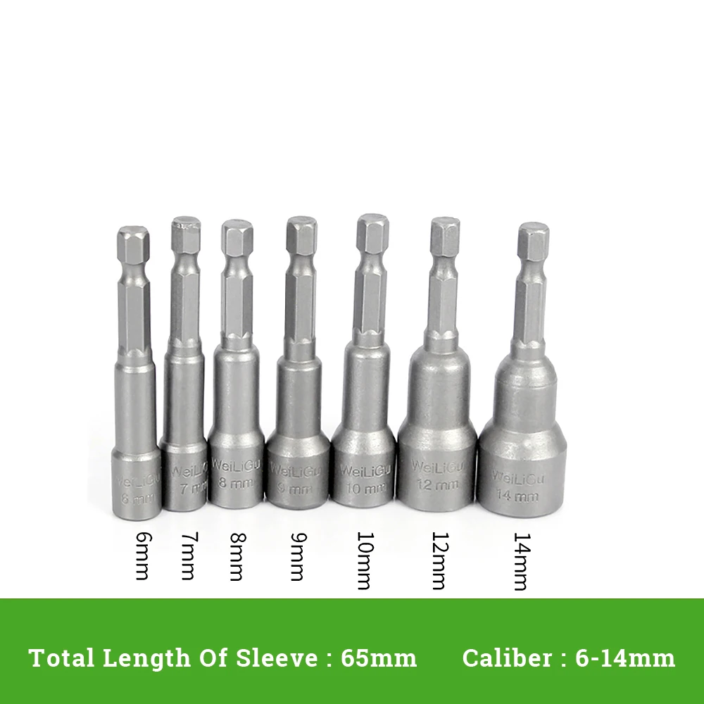 

7pcs/Set Hex Non-magnetic Screws Nut Driver Socket Wrench 6mm - 14mm S1/4" L65mm Power Impact Drill Screwdrive Bits Adapter Tool