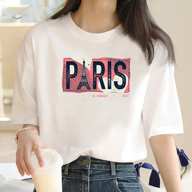 

Best-selling Cotton T Shirts for Women Summer Short-sleeved Fashion Love Paris Tower Crystal T-shirt O-neck Soft Ladies T Shirts