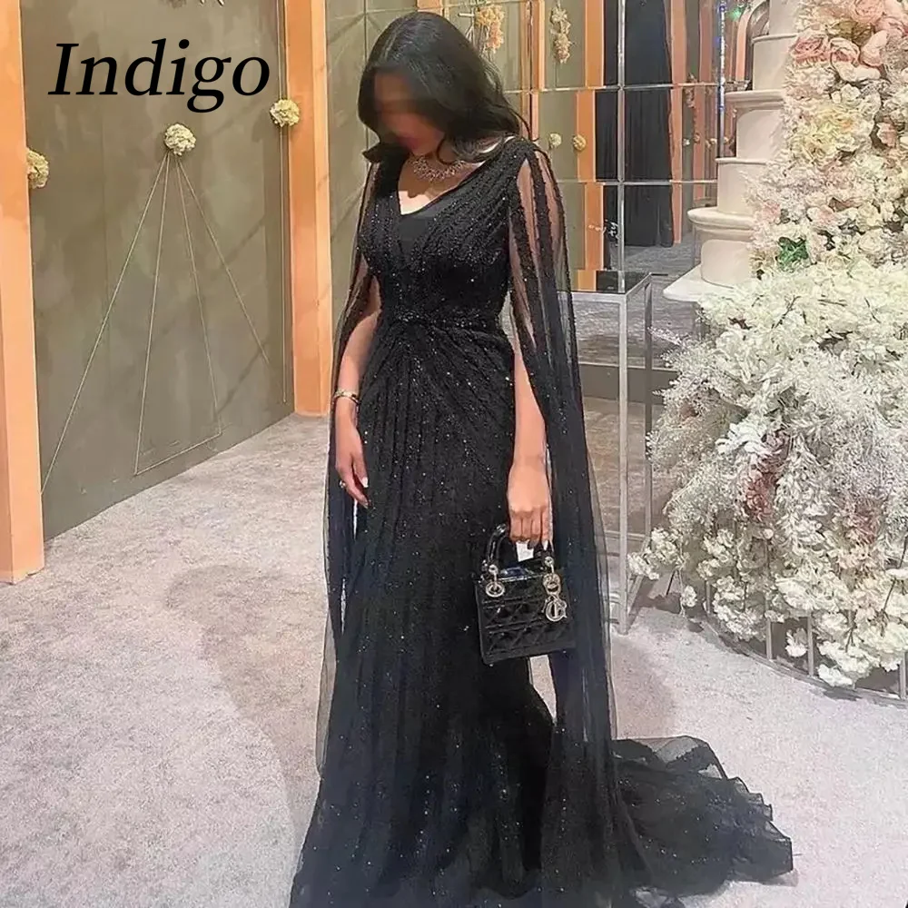 

Indigo Elegant V Neck Black Mermaid Evening Dress With Long Cape Sleeves Sequined Formal Prom Dress Robe De Soiree De Mariag