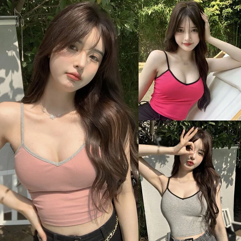 

Woman's Cotton Camisole V Neck Contrast Color Spliced Sleeveless Tops