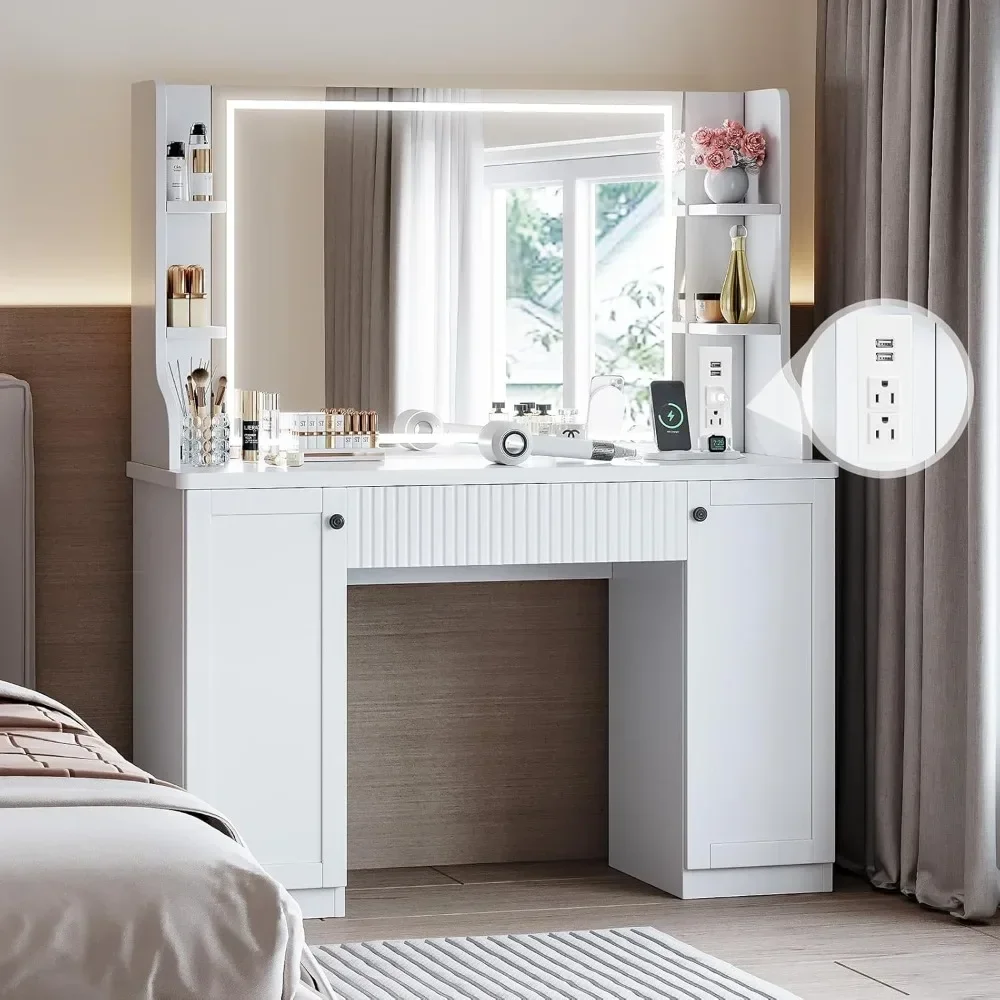 Vanity Desk with Mirror and Lights LED Makeup Table Drawer Cabinets Power Strip for Bedroom Dressing Table
