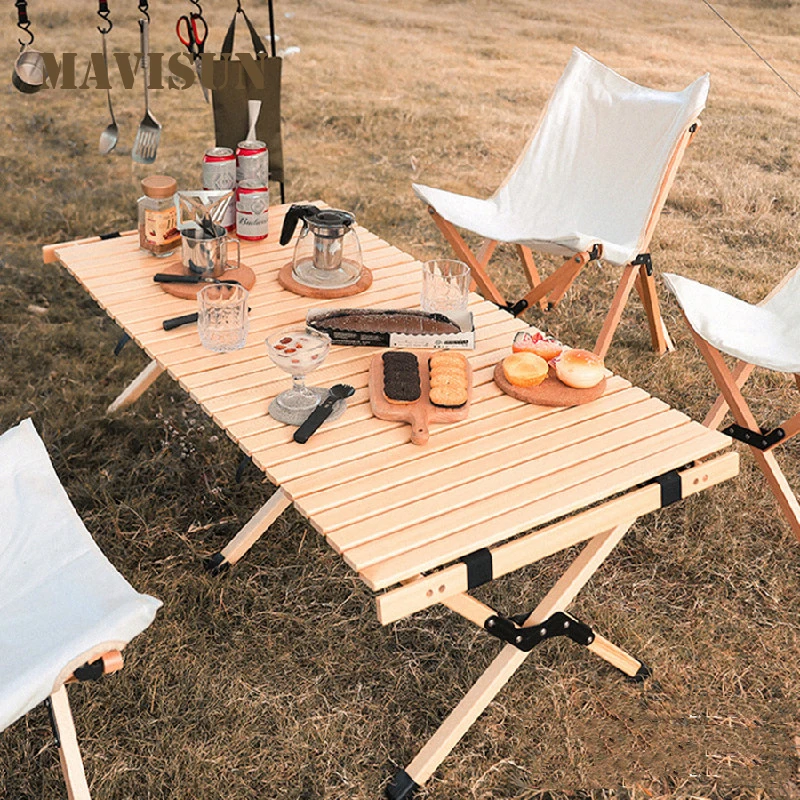 

Outdoor Egg Roll Table And Chair Portable Folding Table For 4 Camping Field Self-Driving Tour Solid Wood Picnic Set Garden Beech