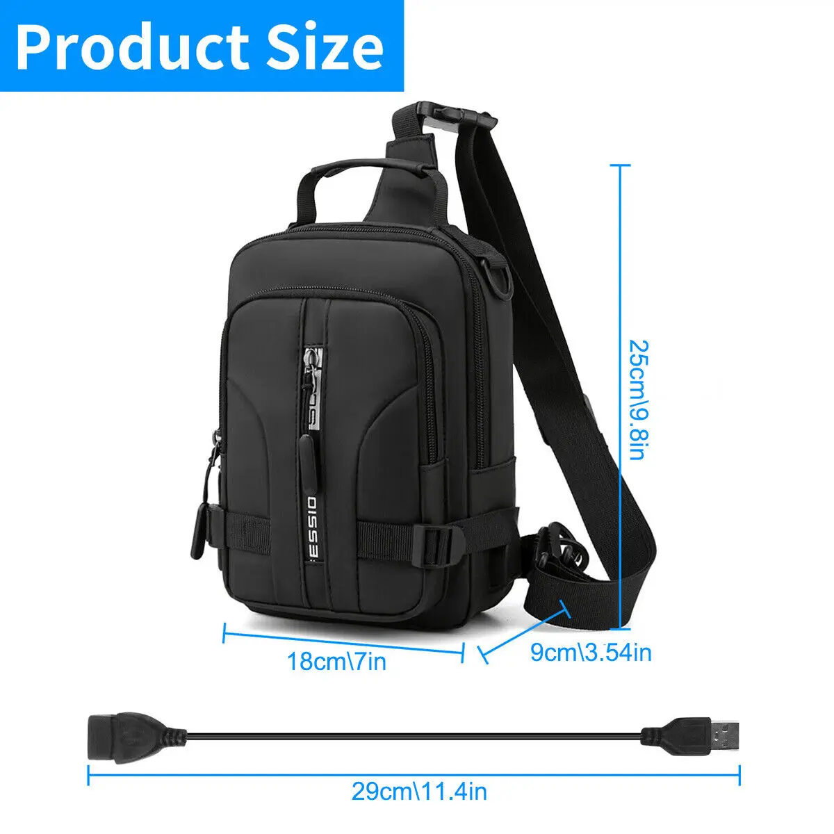 Cisvio 13 in. Black Men's Sling Backpack Waterproof Anti-Theft Shoulder Crossbody Chest Bag Daypack with USB Charging Port