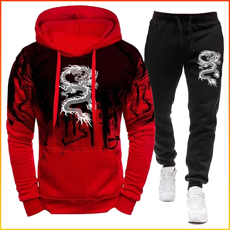 Autumn Men Fitness Tracksuit Sport Set Dragon Printed Hoodies + Pants Sportwear Suit Male Outdoor Running Jogging Sets cool rooster hunting camo 3d printed hoodies sweatshirt male sweatpants set unisex men s tracksuit fashion men s clothing suit