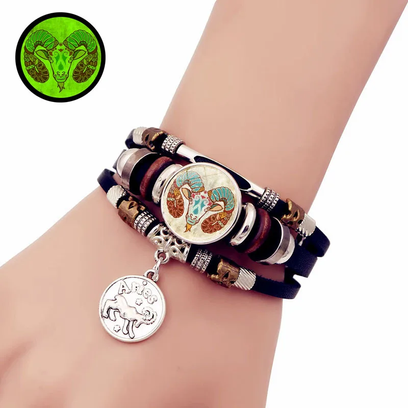 Retro Punk Leder Armband leuchten zwölf Sternbilder Knopf Armband für männliche und weibliche Studenten Paar Armband Schmuck
