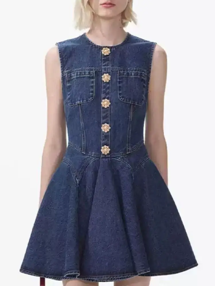 women-denim-dress-pearl-rhinestone-buttons-o-neck-sleeveless-elegant-summer-2024-mini-robe