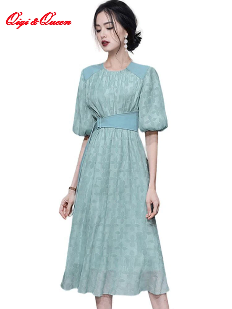 

Qiqi&queen New 2023 Womens Dresses A-Line Summer Vestidos Vintage Elegant O-Neck Slim Simple Mid-Claf Casual Office Party Dress