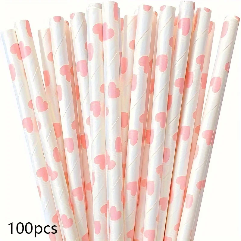 100-Pack EcoParty Heart Printed Paper Straws Multicolor Drinking Straws for Parties Weddings Anniversaries