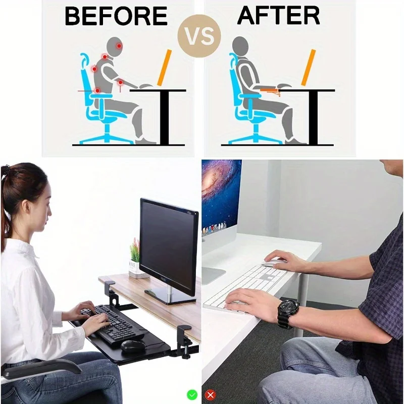 Ergonomic Sliding Under Desk Keyboard Tray, Clamp, Mouse Platform, Retractable, Undermount Drawer, No Tools, , 1Pc
