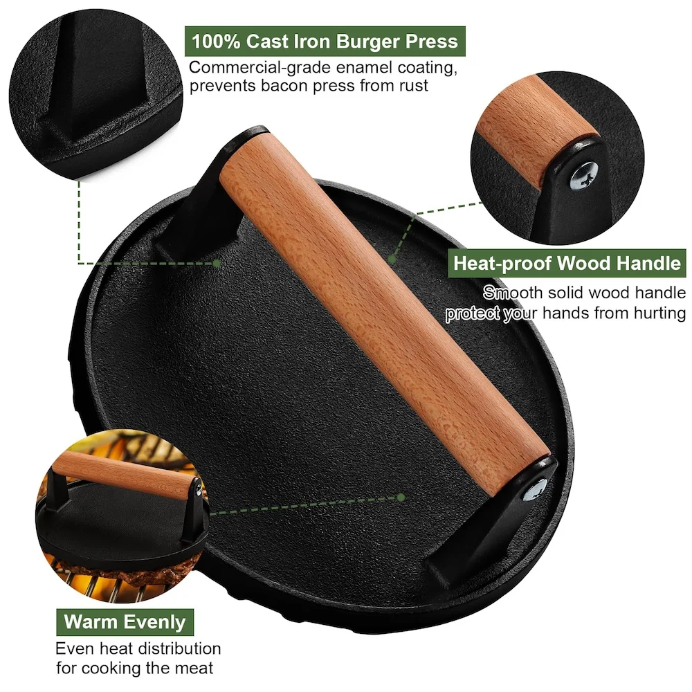 7" Round Cast Iron Burger Press for Griddle Sandwich Nonstick Pan