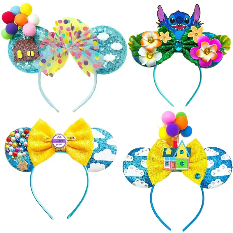 

Mickey Mouse UP Ears Hair Accessories for Women Flying House Balloon Travel Sequins Hairbands Girl Headband Kids Bow eadwear