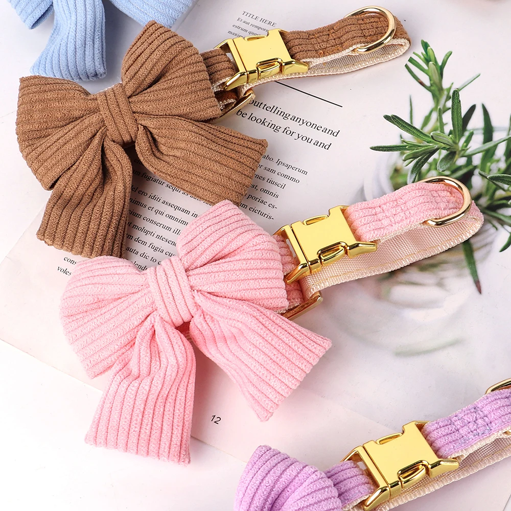 Cute Dog Collar Leash Set With Bowknot Soft Velvet - PeticaDeals
