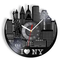 New York Skyline Landmark Statue Of Liberty Vinyl Record Wall Clock Bedroom Office Decor New York Skyscrapers Retro Wall Clock 1