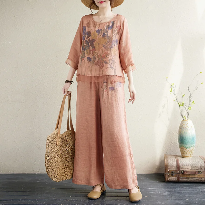 New Summer Ethnic Style Printing Suit Shirt Pants Two Pcs Set Traditional Chinese Clothing for Women