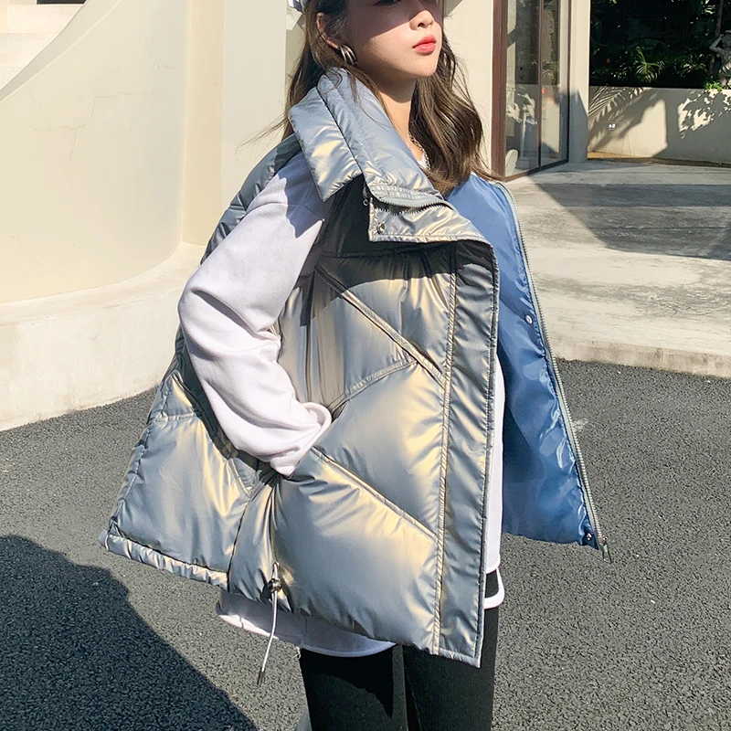 Women Solid Turn Down Collar Zipper Quilted Coats Shiny Winter Puffer Vest Ladies Sleeveless Jacket Loose Korean Style Waistcoat
