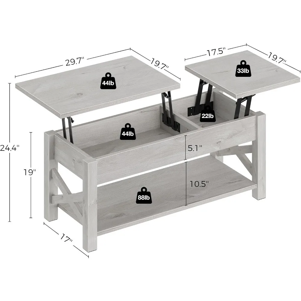Coffee Table 47.2", 2 Way Lift Top Farmhouse Center Table with Hidden Compartment, Open Shelf & X Wooden Support for Living Room 3