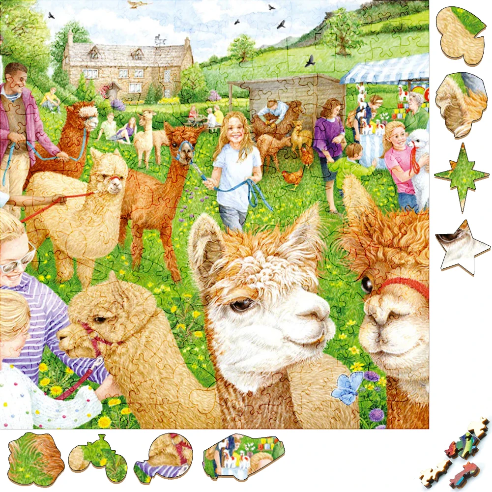 Creative Wooden Puzzles Cute Alpaca In Farm Town Irregular Shape Puzzle Board Set Decompression Puzzle Toys for Adults Family reminder board wooden calendar board family birthday board wooden family birthday reminder calendar board family calendar