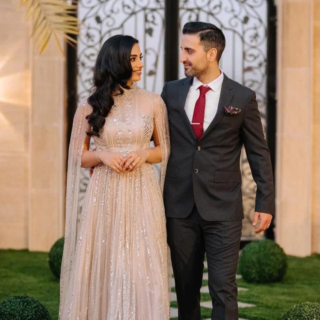 Luxury Dubai Grey Nude Arabic Evening Dresses with Cape Sleeves Elegant Women Formal Gowns for Wodding Party 428 1