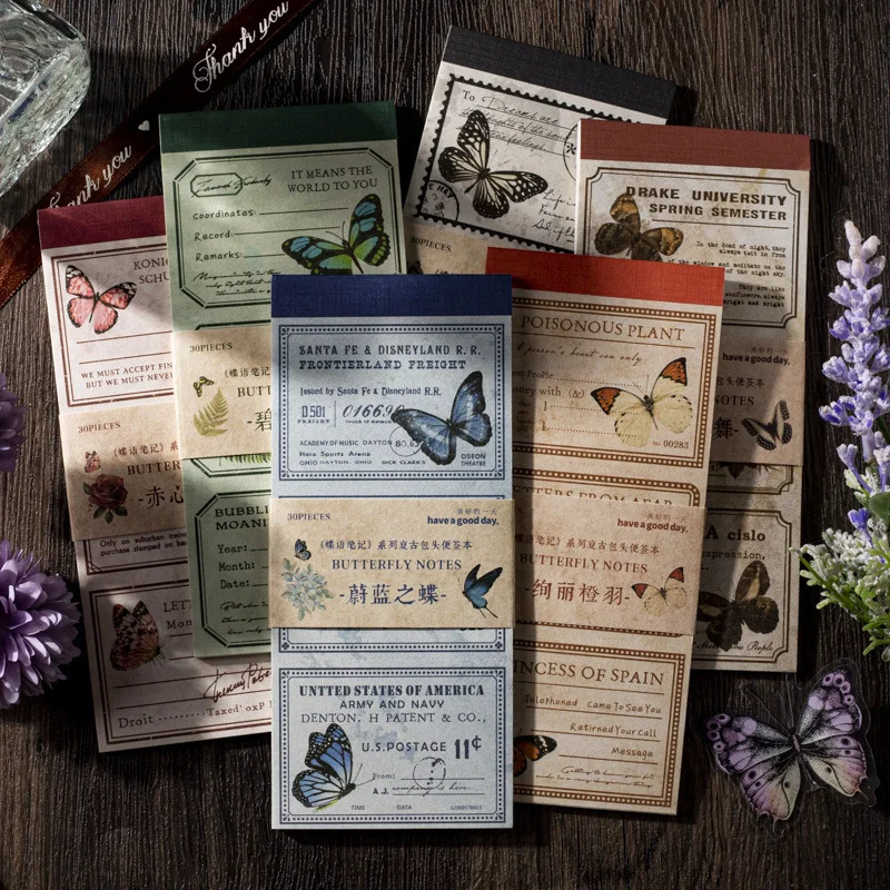 

30Pcs/Pack Vintage Collage Memo Pads Butterfly Material Paper for Scrapbooking Journal Planner DIY Stationery Decor Light Paper