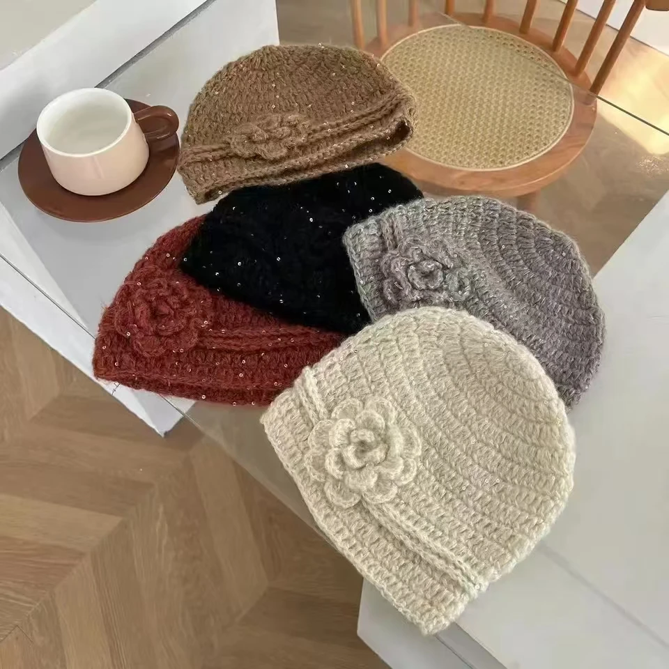 new beanie Pullover caps equin Handmade crochet hat wool hat Knitted hat skiing cap 3D Flower Winter Warmth Hat Thick gentle hat 6