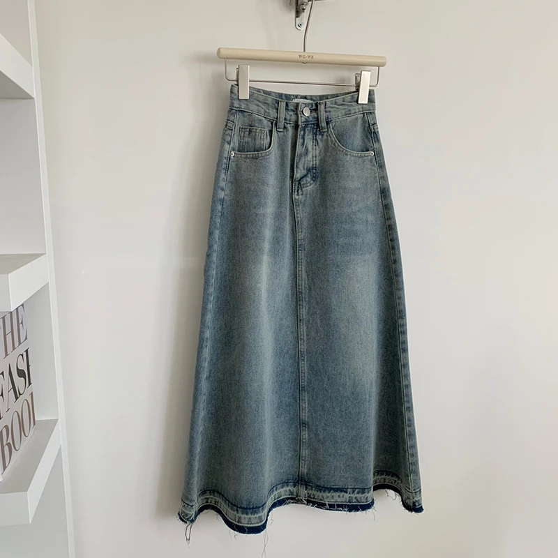 

ReddaChic Basic Plain Blue Long Jean Skirt A-line High Waist Frayed Casual Loose Maxi Skirt Vintage Y2k Korean Women Streetwear