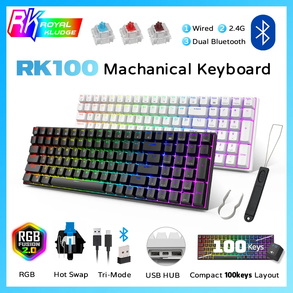 RK ROYAL KLUDGE RK100 2.4G Wireless/Bluetooth/Wired RGB Mechanical Keyboard, 100 Keys 3 Modes Connectable Hot Swappable White Sw| | - AliExpress