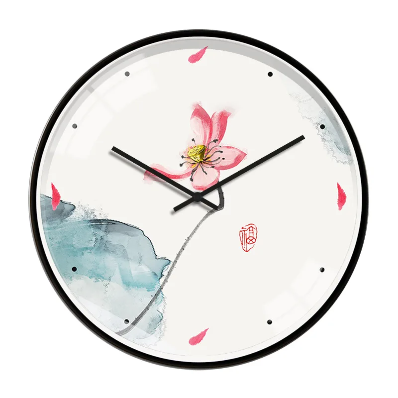 

Flower Chinese Painting Silent Clock Large Size Simple Personality Wall Clock Modern Design Metal Silent Movement Clock For Deco
