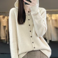 First Line 100% Merino Wool Knitted Cardigan Women's Autumn And Winter Hoodie Loose Sweater Fashionable Versatile Coat Top YC014 1