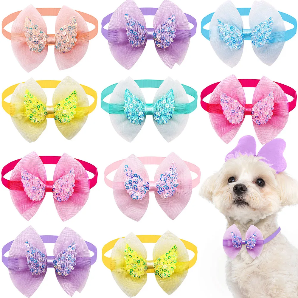 10Pcs Pizzo Pet Dog Bowties Paillettes Angel Wing Fashion Bulk Dog Bow Tie Collare Per Cani Di Taglia Media Cat Bowknot Accessori Per Animali Domestic