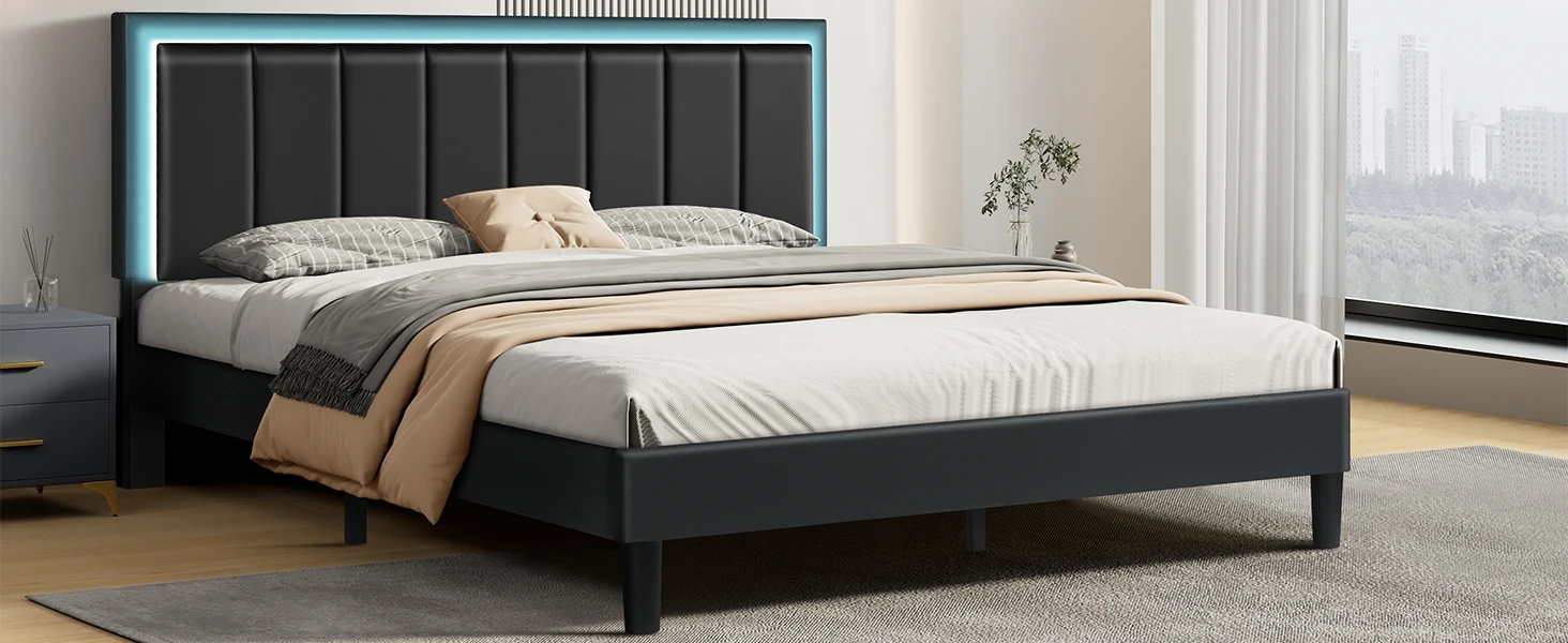 Bed Frame with LED Lights, Upholstered Faux Leather Bed with Adjustable Headboard