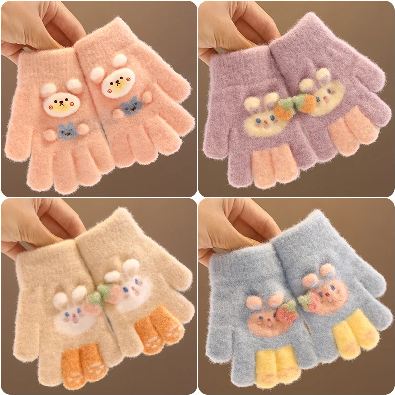 Boys Girls Winter Knitting Bowknot Bear Plush Soft Five Finger Gloves Children Outdoor Warm Gloves Kids Colors