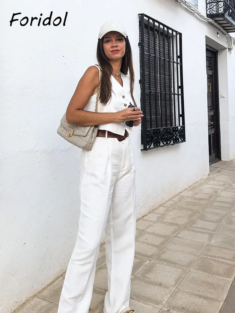 Foridol White Cotton Linen Long Pants Set Sleeveless Vest