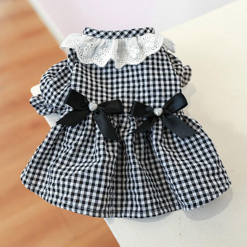 Pet Dog Clothes 1PC Pet Apparel Dog Spring/Summer Dark Blue White Plaid Princess Dress Pearl Bow Lace Short Skirt For Small Medium Dogs
