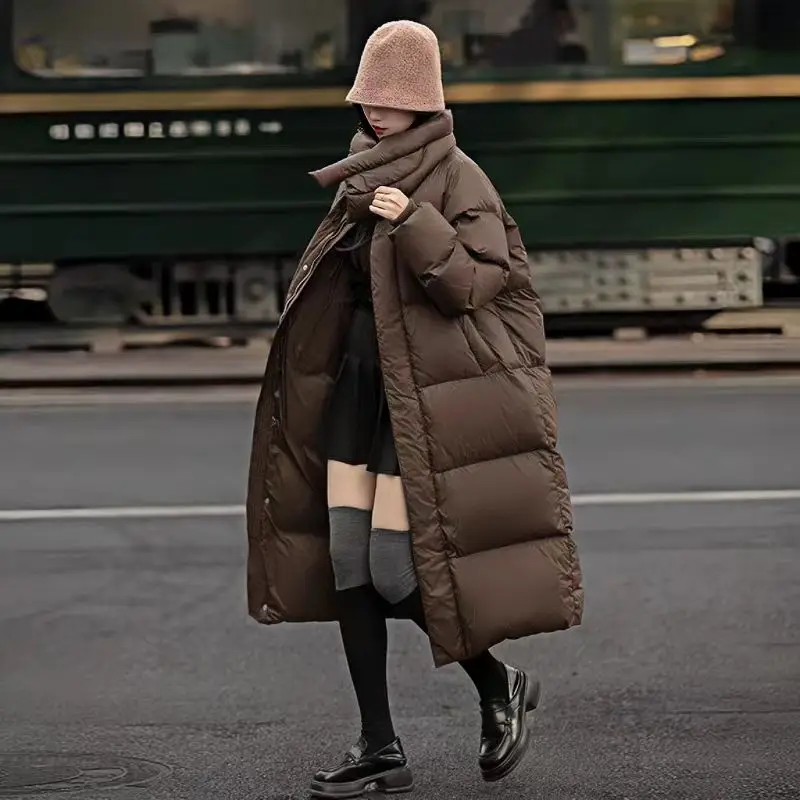 Standing Collar Down Jacket, Korean Version Extended Loose and Thick Warm White Duck Down Jacket, Women's W inter New 2024