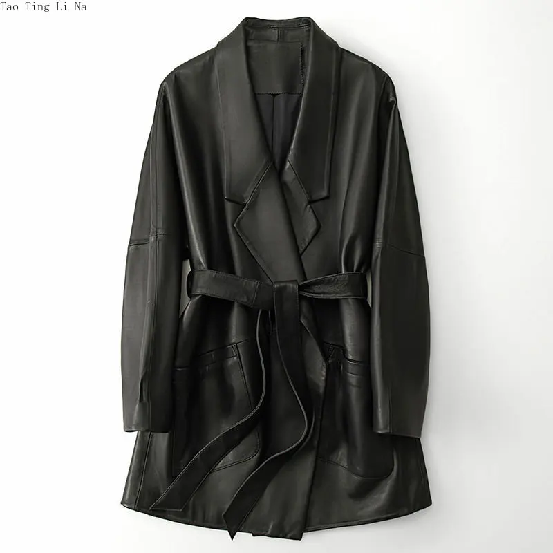 

2023 Spring New Lace up Mid length Women Coat Genuine Leather Sheepskin Coat H11