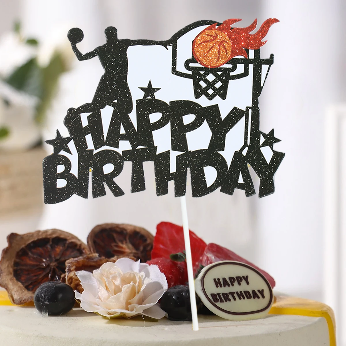 8 Décorations De Gâteau Anniversaire Acrylique - Toppers Basket-ball Et Inscriptions Happy Birthday