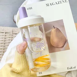 Original Purple Bow Water Cup with Straw - Cute Bubble Tea & Coffee Plastic Bottle, Large Capacity - Large Capacity (Purple 500ml)