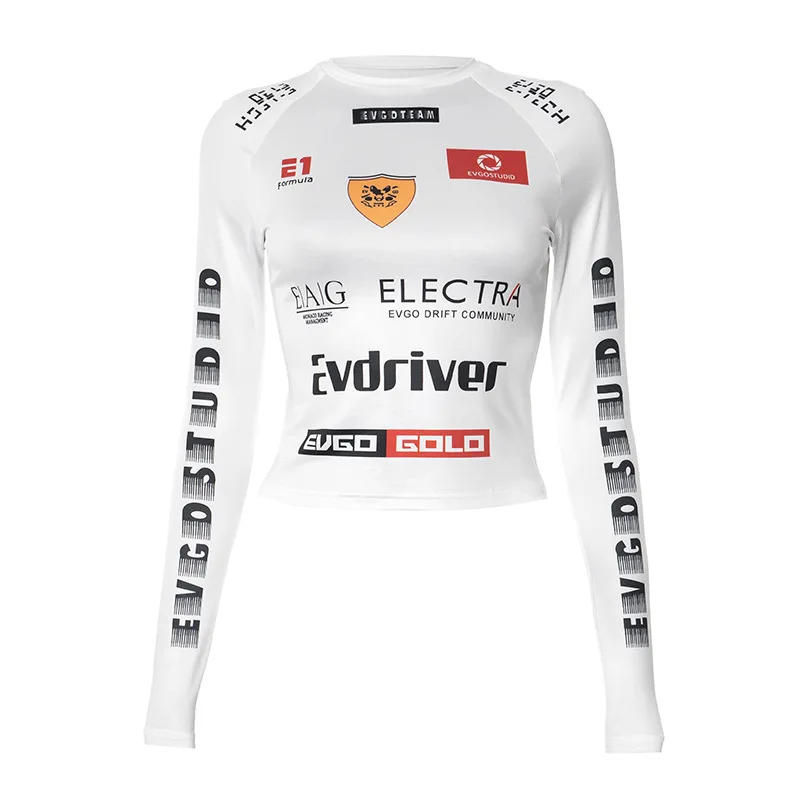 Moto Biker Printed Cyber Y2k White T-shirts Techwear Skinny